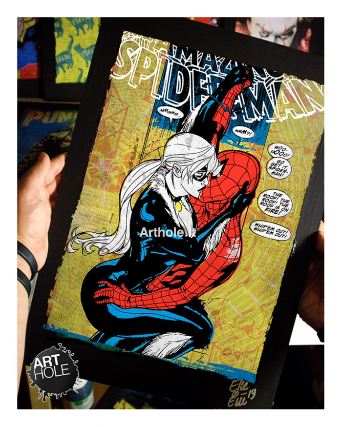 Spiderman e Gatta Nera bacio, quadro pop-art originale, handmade poster, fumetti, comics
